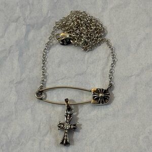 Chrome Hearts Silver Cross Safety Pin Necklace with Pave Diamond Baby fat charm